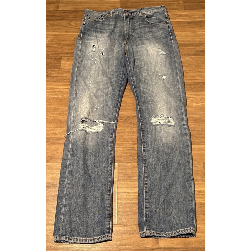 Levis 513 Slim Straight Jeans Mens 30x30 Blue Distressed Denim